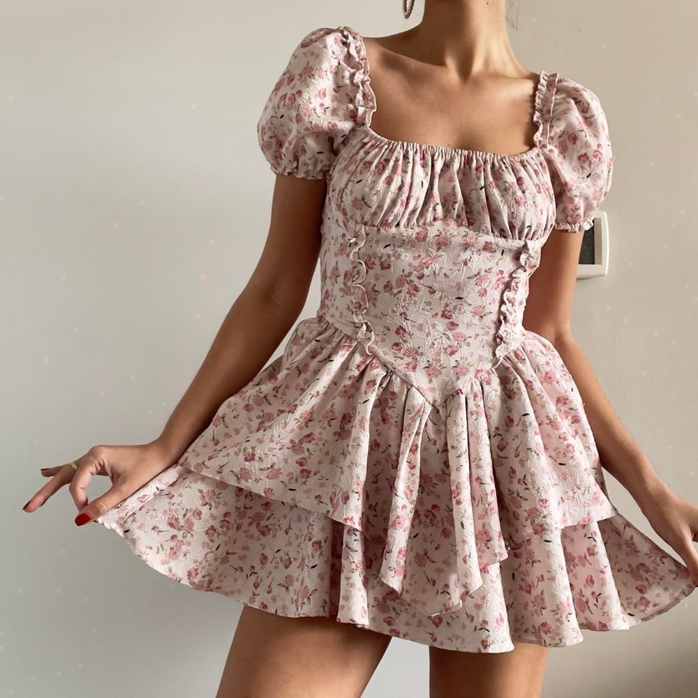 Romantic Drop Waist Pink Floral Milkmaid Ruffle Puff Sleeve Mini Dress | Size S